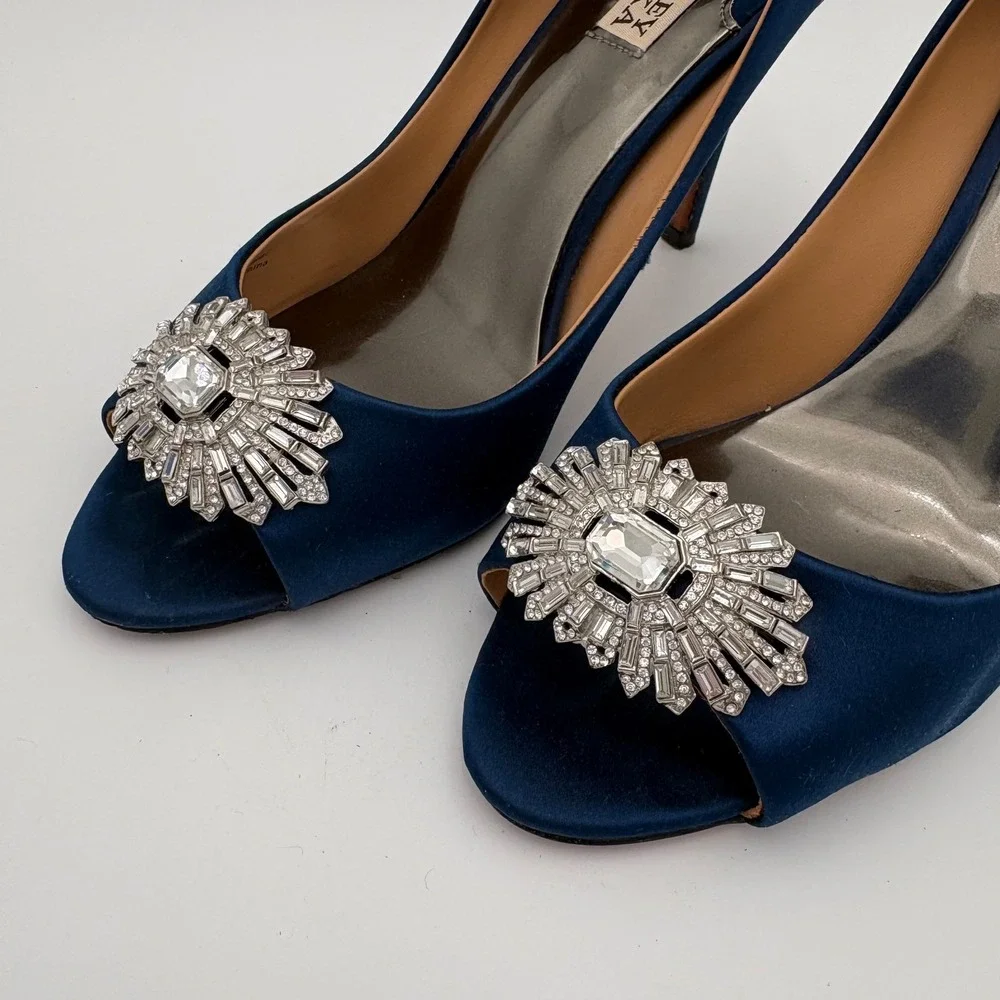 Badgley‎ Mischka Navy Blue Satin Peep Toe Heels Embellished Crystal Sparkle 9.5W